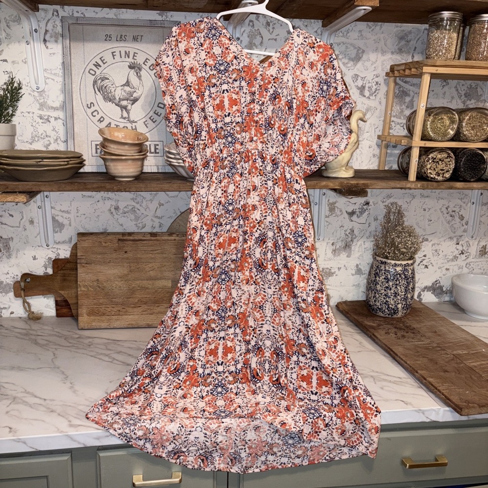 Women's Pretty V Neck Lined Skirt Bohemian Floral Dress Size Medium